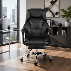 Executive Office Chair with Footrest Reclining Black Leather Desk Seat