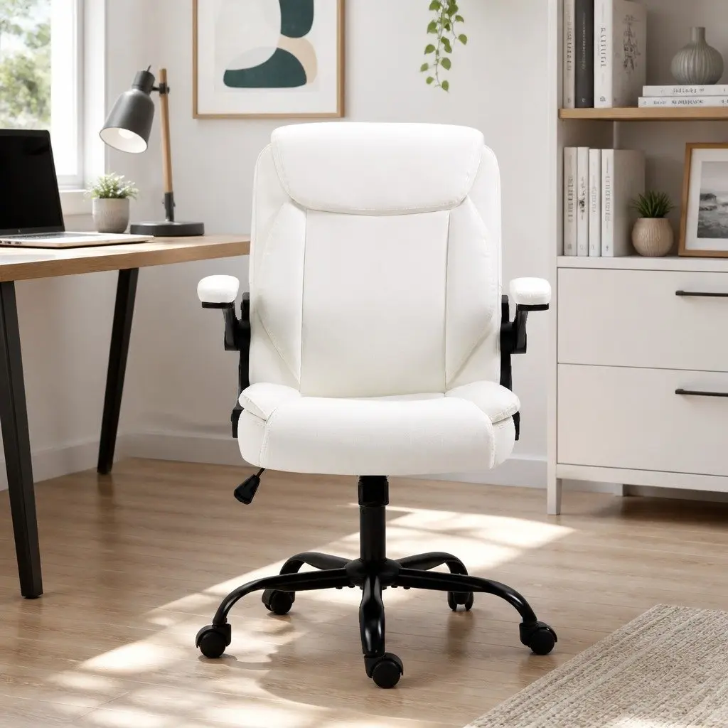 Office Chair Mid Back PU Leather White High Density Foam Adjustable Seat