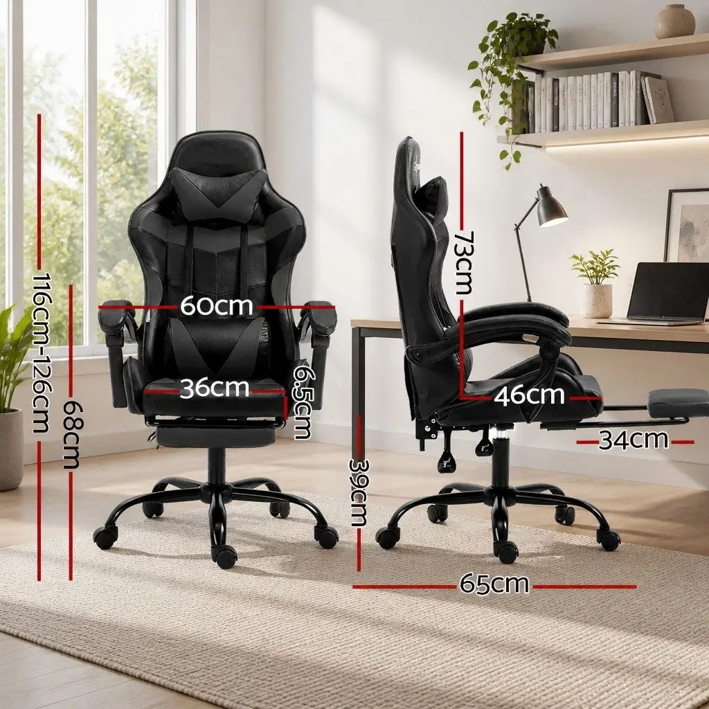 Gaming Chair Recliner Leather High Back with Footrest Adjustable Height Black Grey