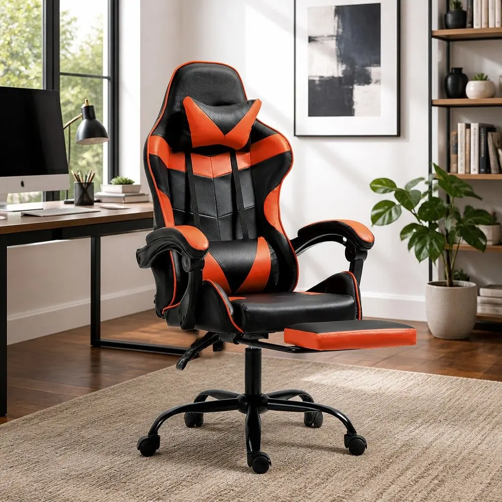 Gaming Office Chair High-Back Recliner Metal Frame PVC Leather Adjustable Height Orange
