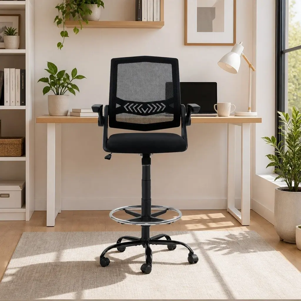 Drafting Stool Office Chair Mesh Black Adjustable Height Armrest Footrest