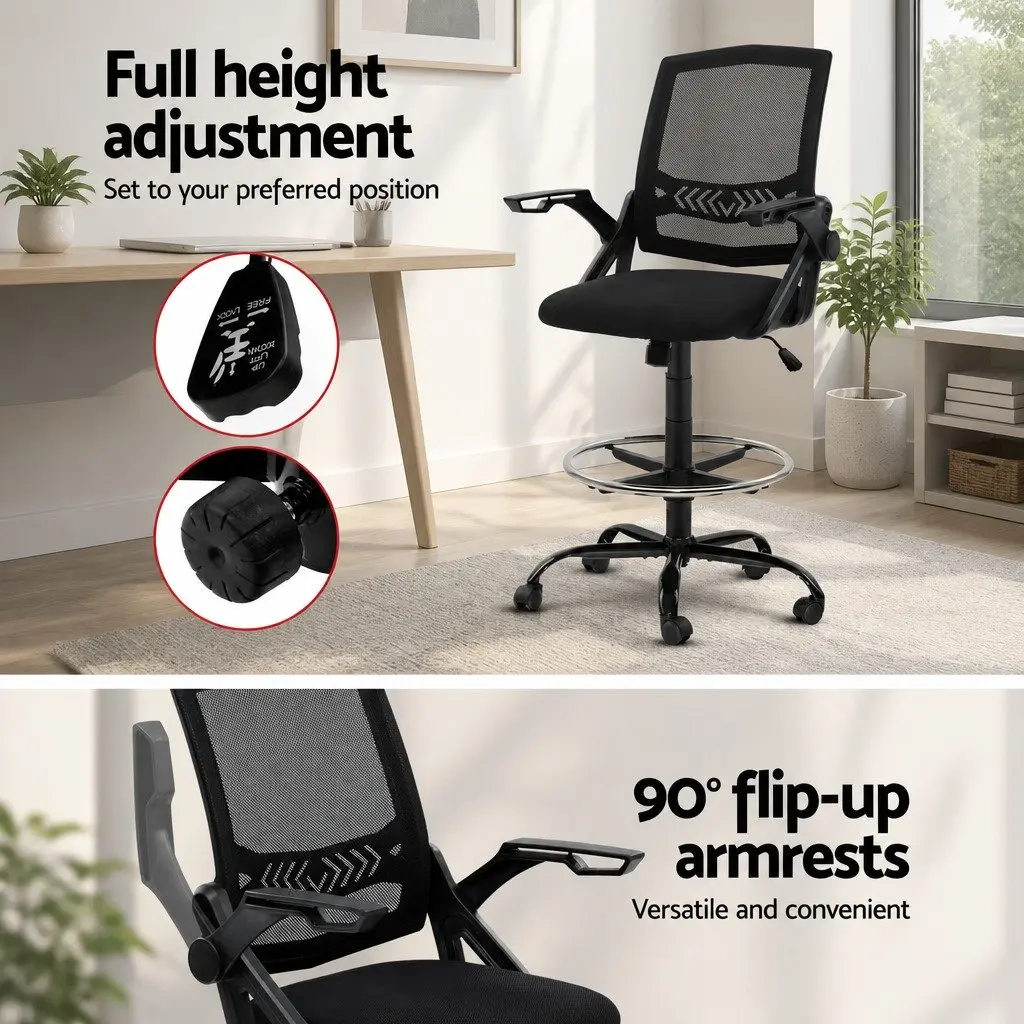 Drafting Stool Office Chair Mesh Black Adjustable Height Armrest Footrest