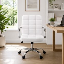 Office Chair White PU Leather Mid-Back Work Computer Desk Seat Ergonomic