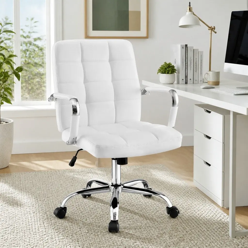 Ergonomic Office Chair Mid-Back White PU Leather with Padded Armrests and Chrome Base 51x46.5x92-102cm
