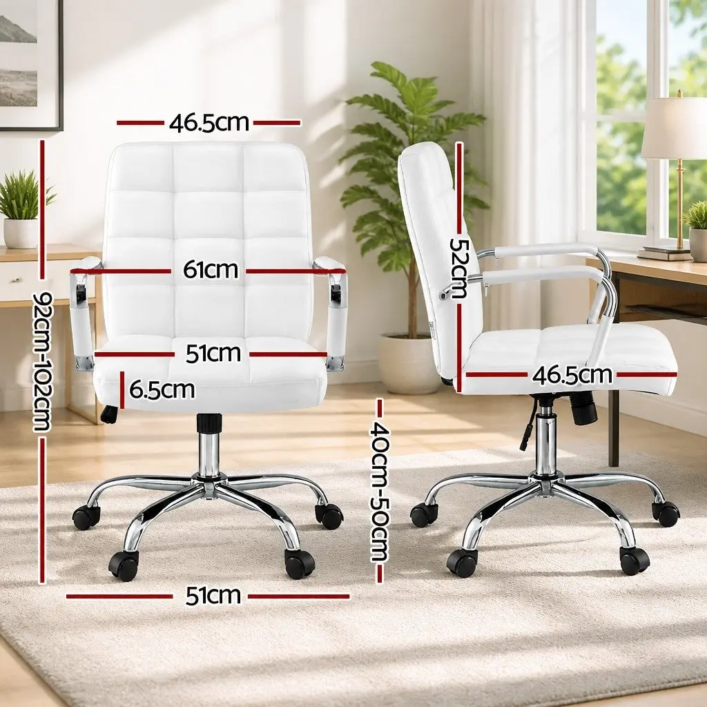 Ergonomic Office Chair Mid-Back White PU Leather with Padded Armrests and Chrome Base 51x46.5x92-102cm