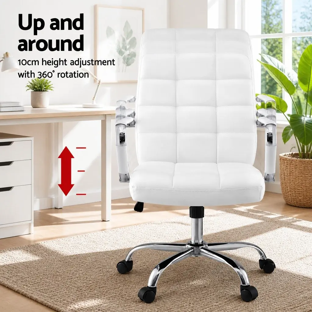 Ergonomic Office Chair Mid-Back White PU Leather with Padded Armrests and Chrome Base 51x46.5x92-102cm