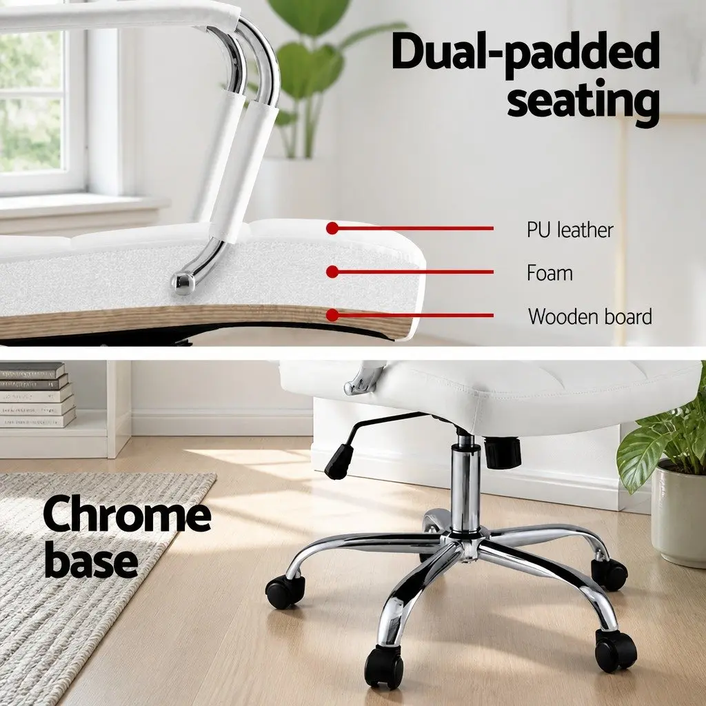Ergonomic Office Chair Mid-Back White PU Leather with Padded Armrests and Chrome Base 51x46.5x92-102cm