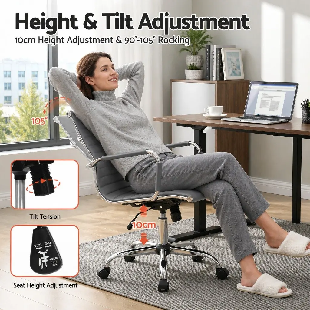 Mid Back Office Chair Grey PU Leather 360 Degree Rotatable with Height Tilt Adjustments and Chrome Base
