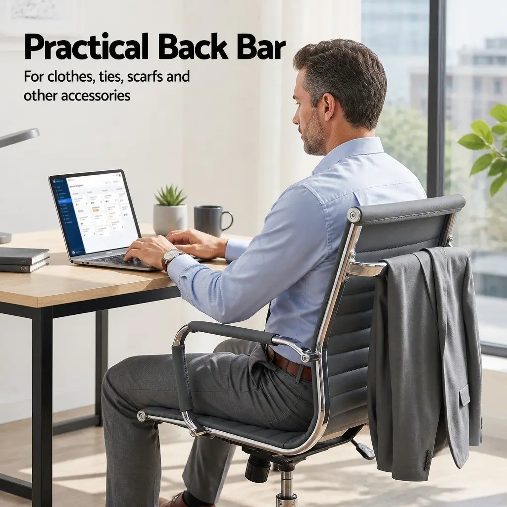 Mid Back Office Chair Grey PU Leather 360 Degree Rotatable with Height Tilt Adjustments and Chrome Base