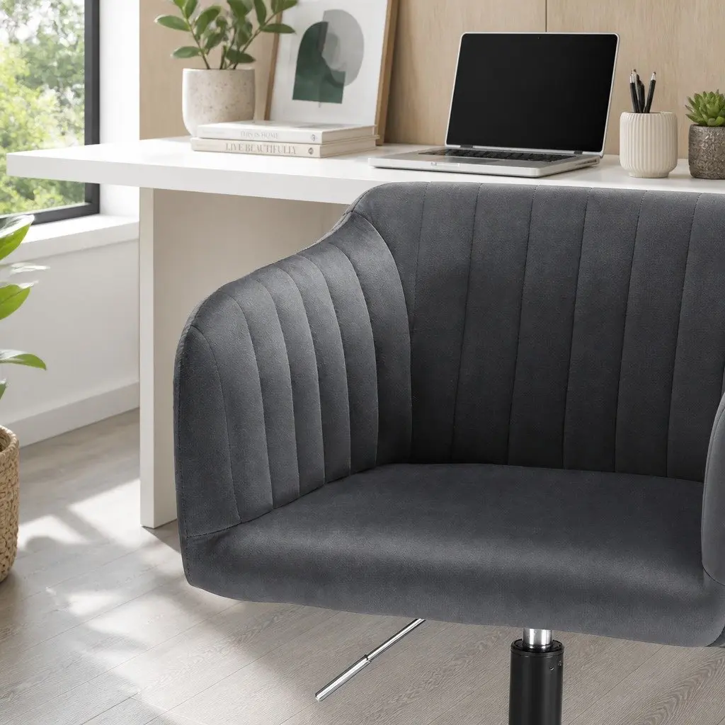 Office Chair Dark Grey Velvet Seat Mid Back Swivel Adjustable Height Desk
