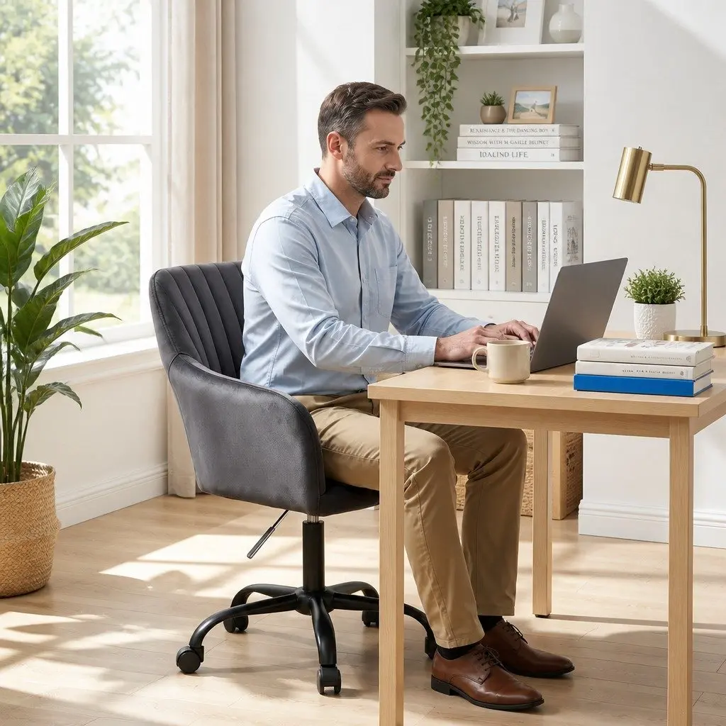 Office Chair Dark Grey Velvet Seat Mid Back Swivel Adjustable Height Desk