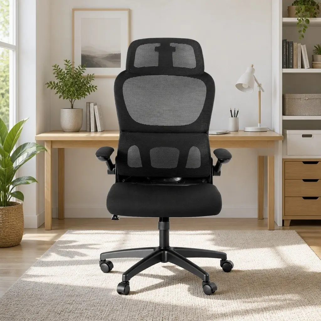 High Back Office Chair Adjustable Headrest Separated Lumbar Support Black Mesh