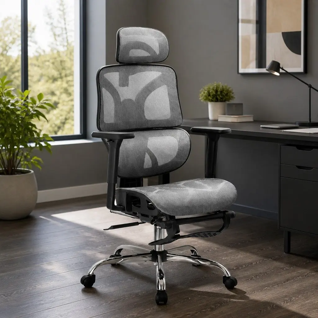 Office Chair Mesh High Back Grey Adjustable Headrest Swivel Footrest