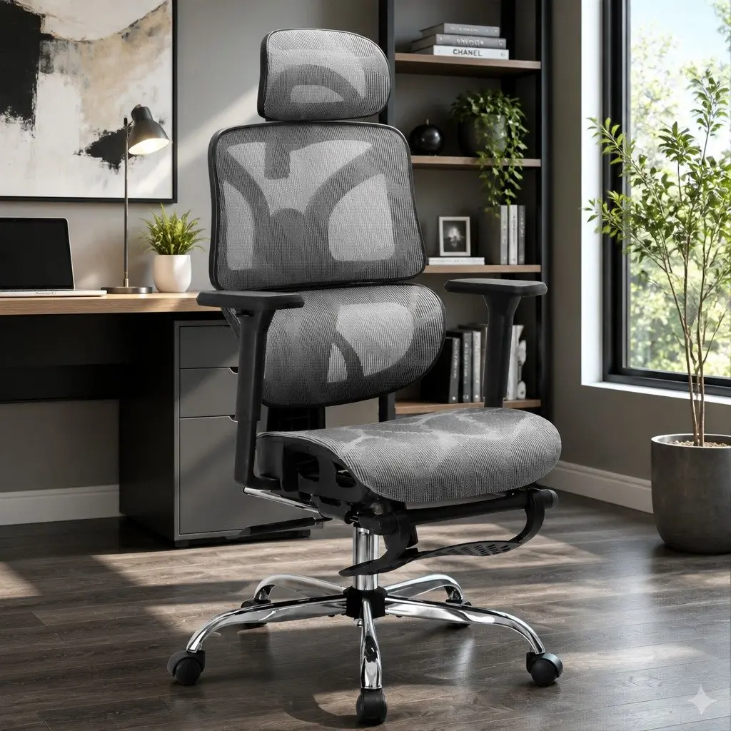 Office Chair Mesh High Back Grey Adjustable Headrest Swivel Footrest