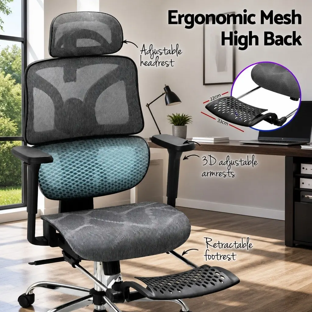 Office Chair Mesh High Back Grey Adjustable Headrest Swivel Footrest
