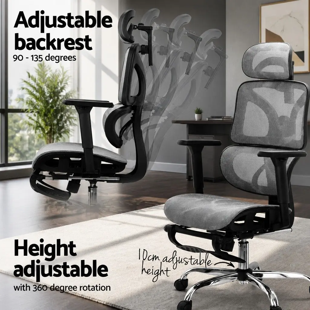 Office Chair Mesh High Back Grey Adjustable Headrest Swivel Footrest
