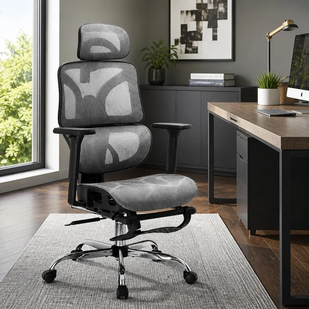 Office Chair Mesh High Back Grey Adjustable Headrest Swivel Footrest