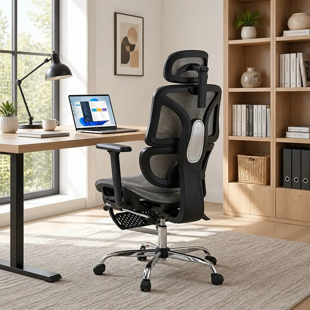 Office Chair Mesh High Back Grey Adjustable Headrest Swivel Footrest
