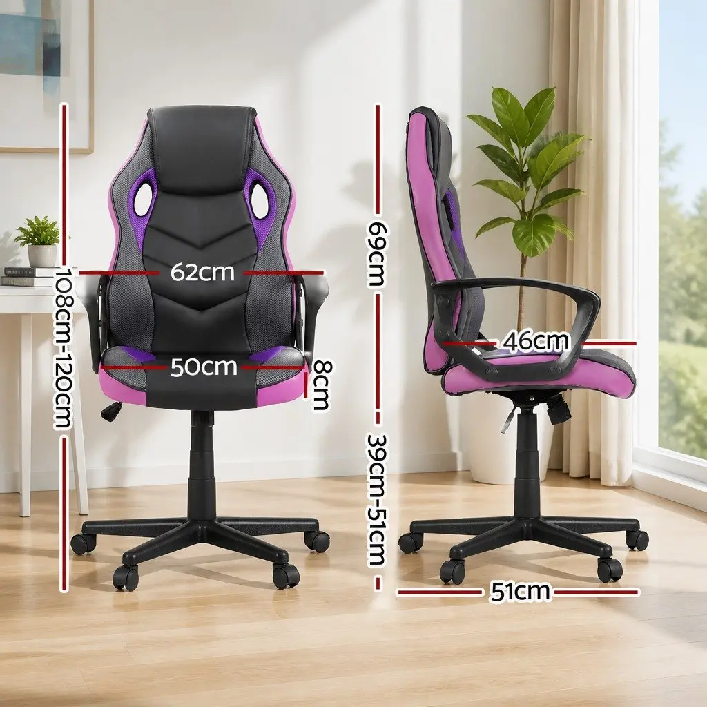 Gaming Office Chair High-Back PU Leather Mesh Adjustable Height Purple