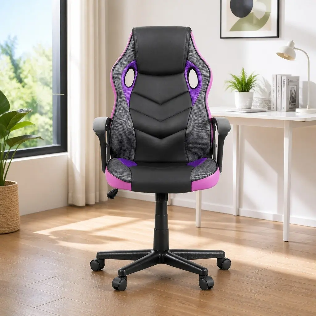 Gaming Office Chair High-Back PU Leather Mesh Adjustable Height Purple