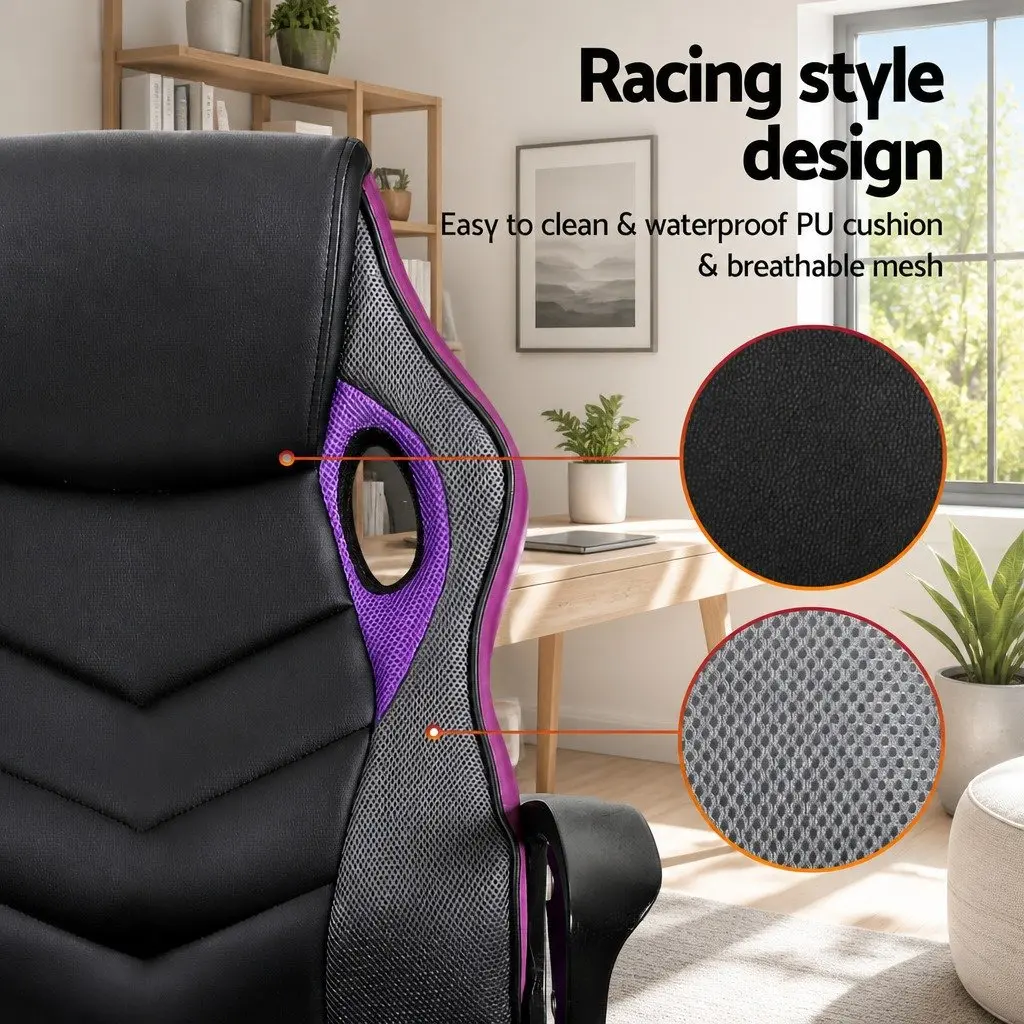 Gaming Office Chair High-Back PU Leather Mesh Adjustable Height Purple
