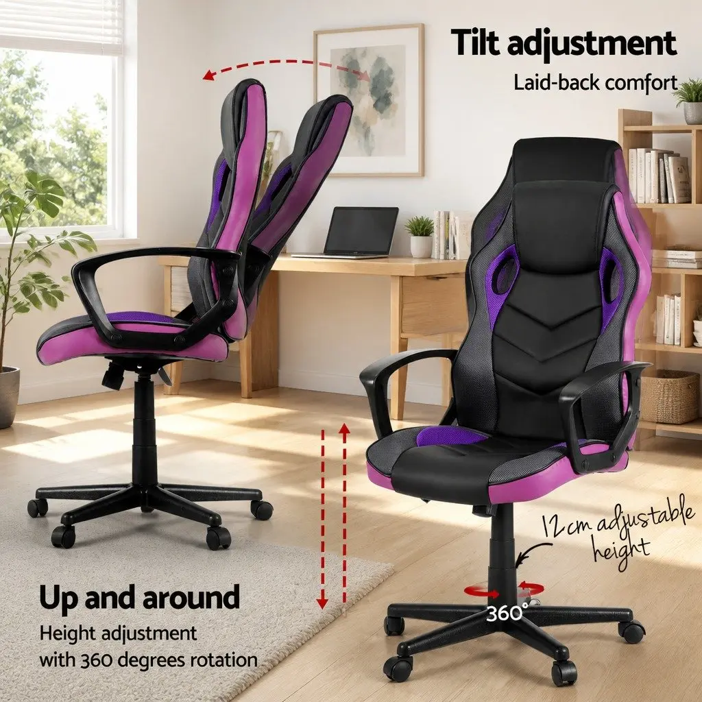 Gaming Office Chair High-Back PU Leather Mesh Adjustable Height Purple