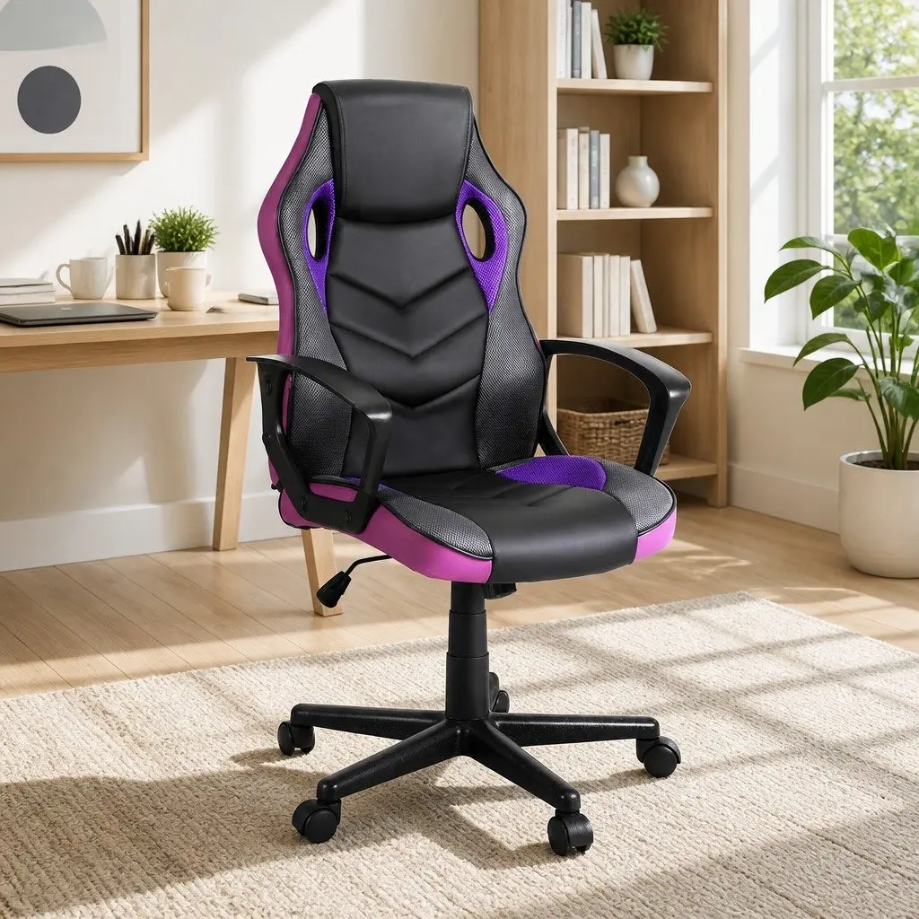 Gaming Office Chair High-Back PU Leather Mesh Adjustable Height Purple