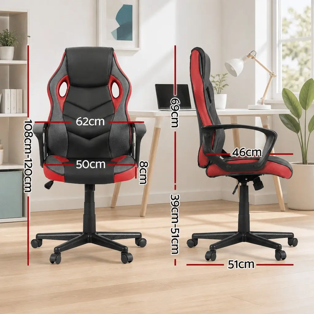High Back Gaming Chair Red Adjustable Tilt Swivel Office Seat PU Leather Mesh