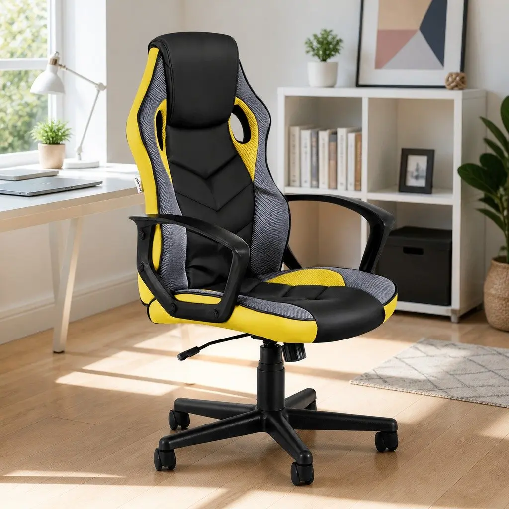 Gaming Office Chair PU Leather Mesh High Back Yellow