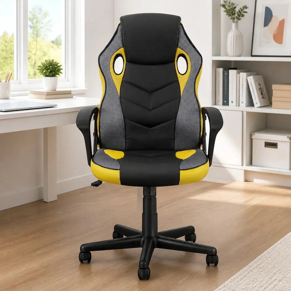 Gaming Office Chair PU Leather Mesh High Back Yellow