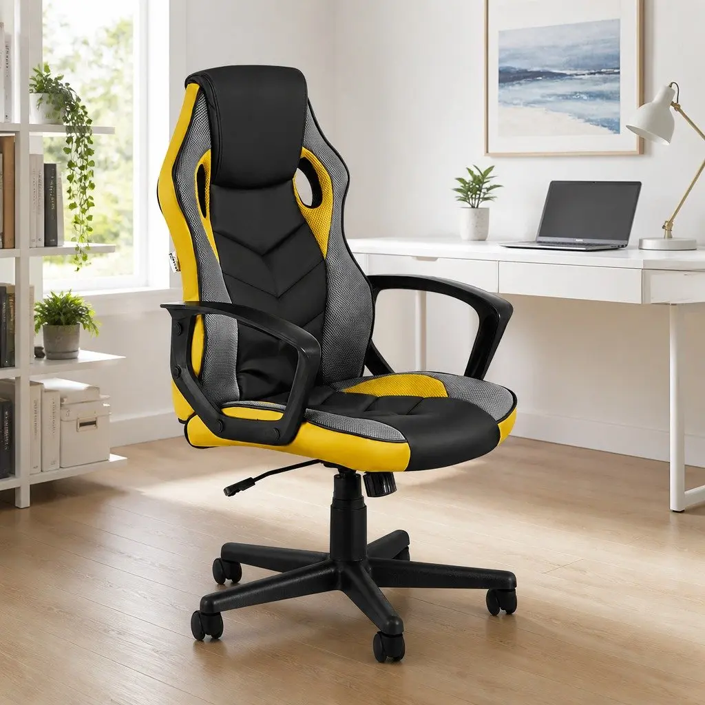 Gaming Office Chair PU Leather Mesh High Back Yellow