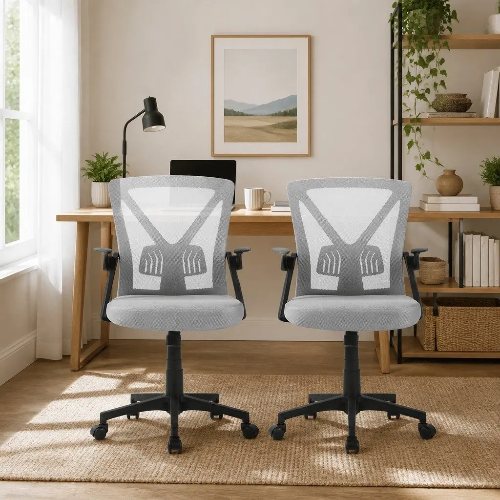 Mesh Office Chair Mid Back Grey Ergonomic Adjustable Height Lumbar Support