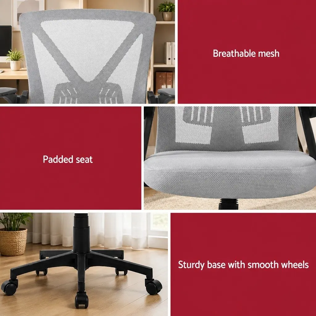 Mesh Office Chair Mid Back Grey Ergonomic Adjustable Height Lumbar Support