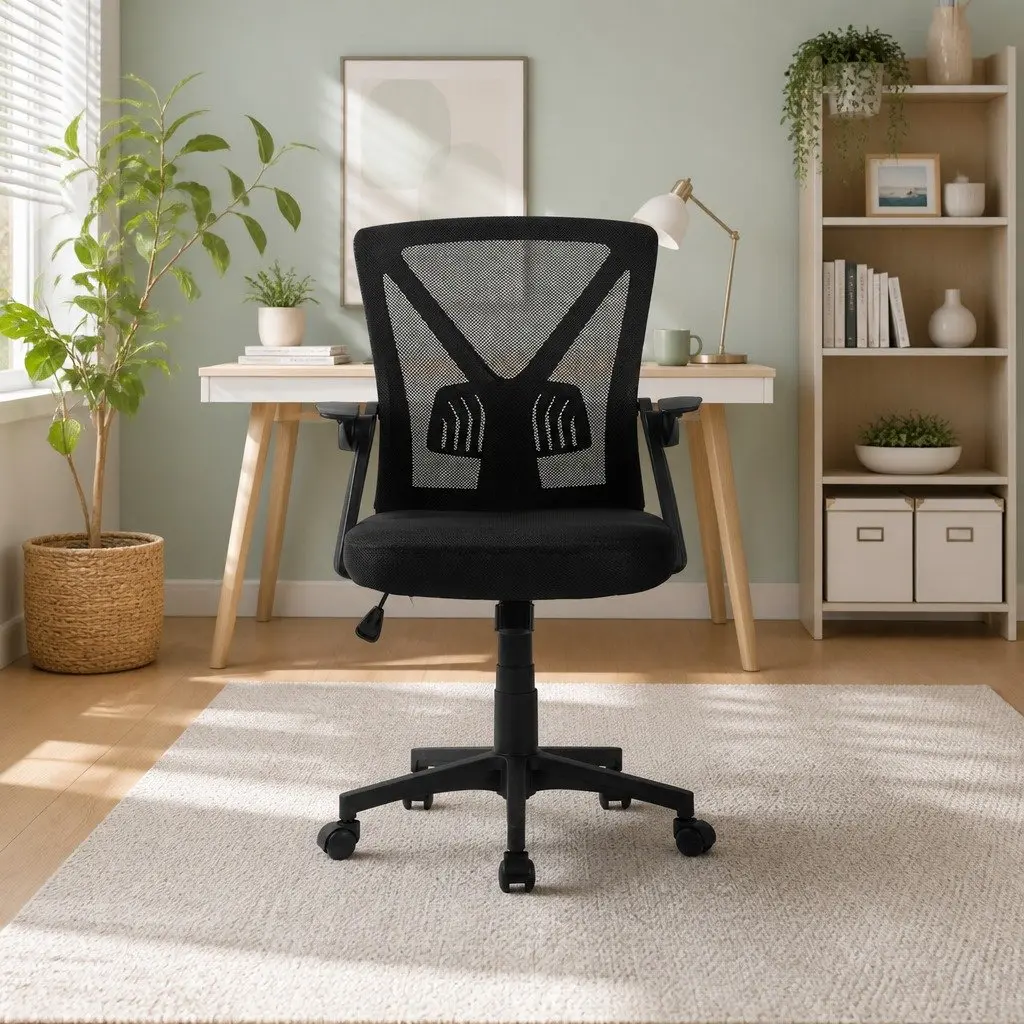 Mid Back Office Chair Mesh Adjustable Lumbar Support Black Ergonomic Computer