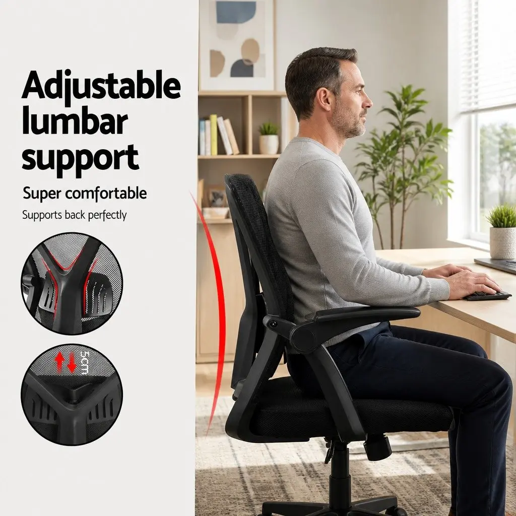Mid Back Office Chair Mesh Adjustable Lumbar Support Black Ergonomic Computer