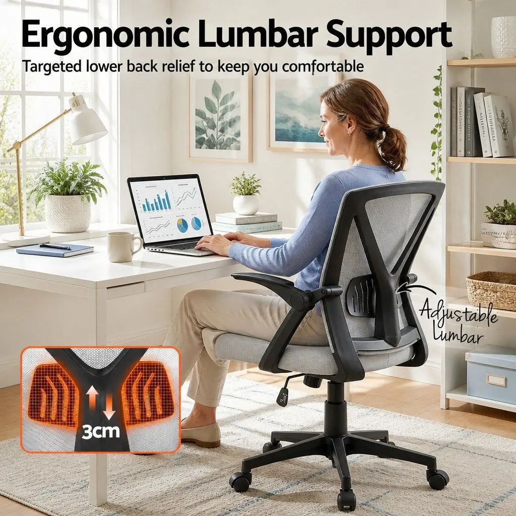Mesh Office Chair Mid Back Grey Ergonomic Adjustable Lumbar Support Gas Lift