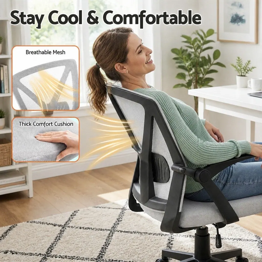 Mesh Office Chair Mid Back Grey Ergonomic Adjustable Lumbar Support Gas Lift