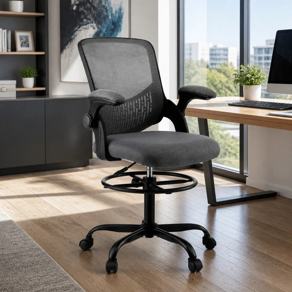 Drafting Chair Adjustable Height Grey Mesh with Footrest Office Stool