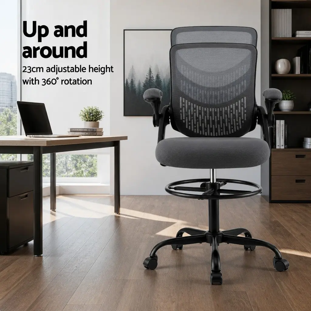 Drafting Chair Adjustable Height Grey Mesh with Footrest Office Stool