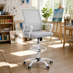 Office Drafting Chair Mesh Stool Height Adjustable Computer Desk Seat White