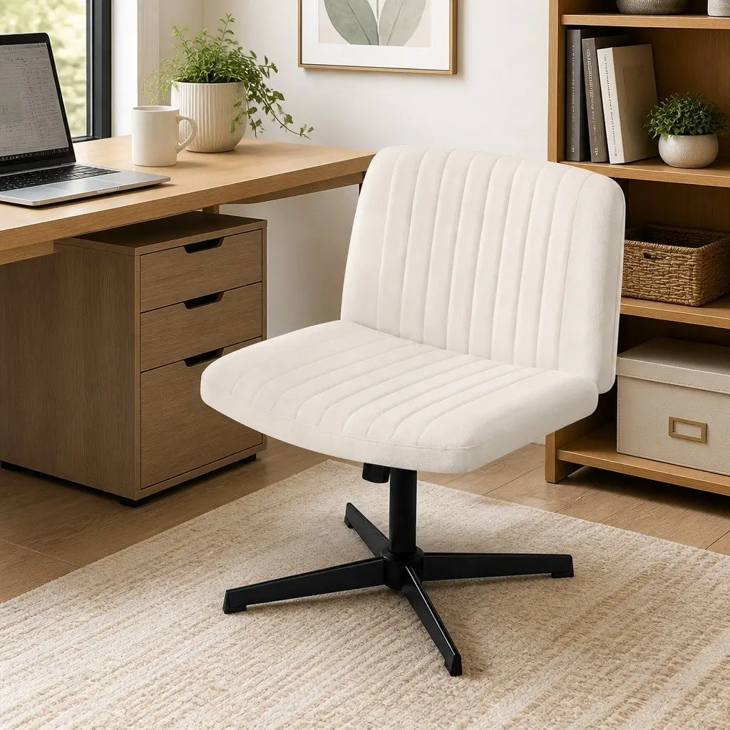 Criss Cross Office Chair Armless Swivel Desk Vanity Task Seat Beige Fabric