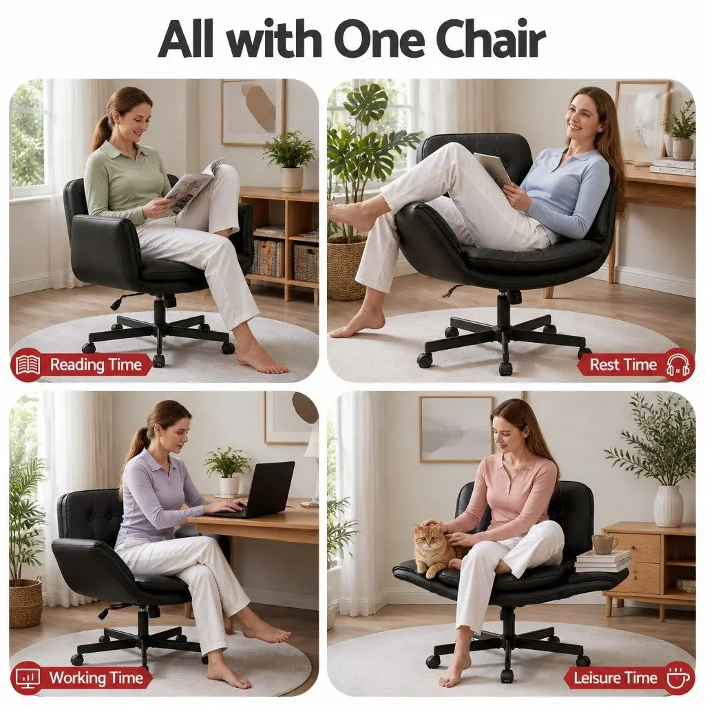 Office Chair PU Leather Adjustable Height Black Criss Cross Ergonomic Desk Chair