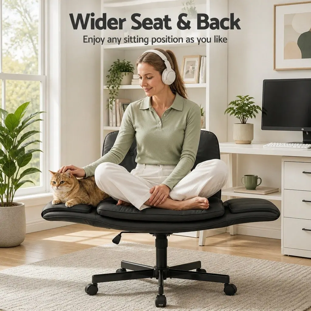 Office Chair PU Leather Adjustable Height Black Criss Cross Ergonomic Desk Chair