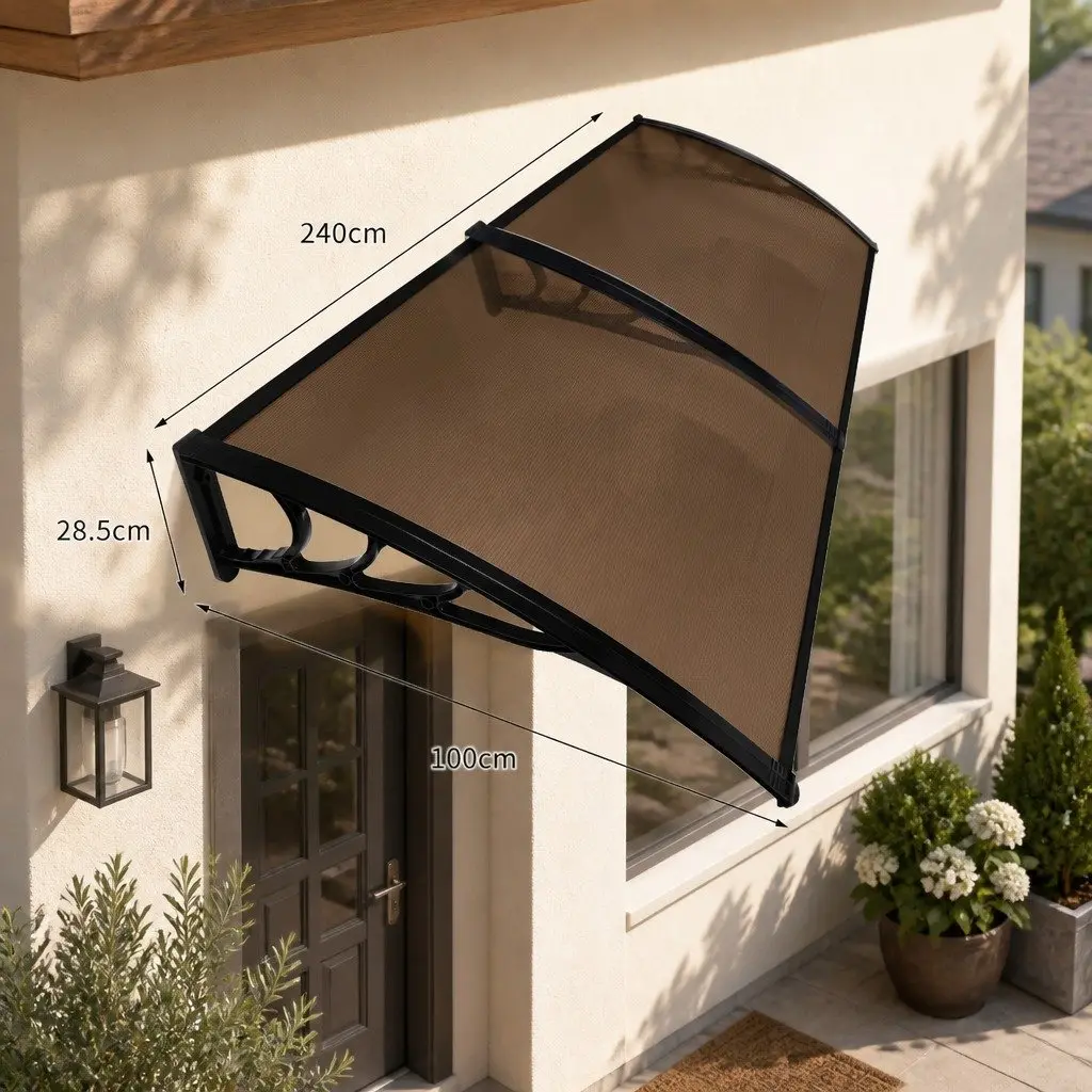 Window Door Awning Outdoor Shade 1M x 2.4M Brown PC Panel UV Rain Protection