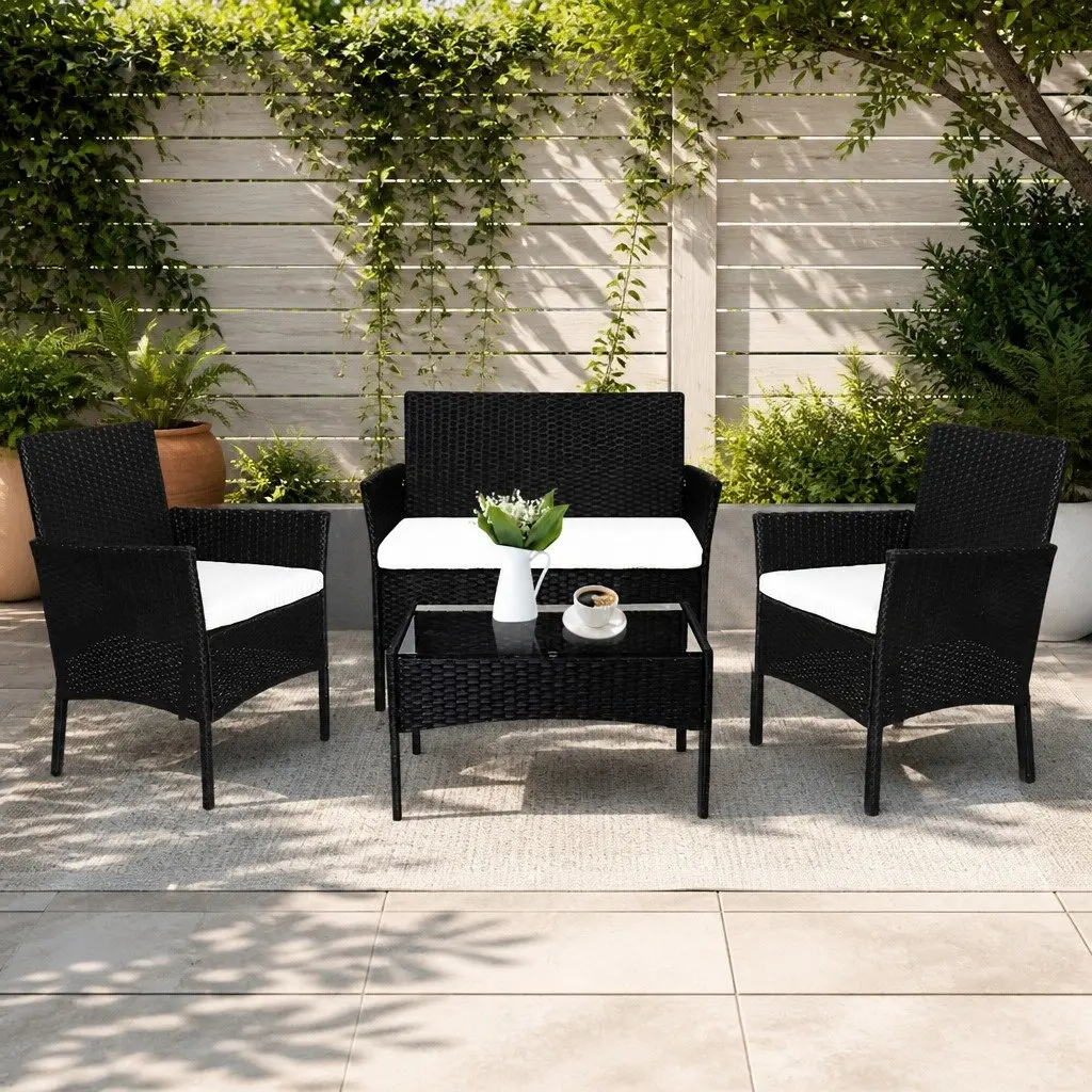 4 Piece Outdoor Furniture Set PE Wicker Chairs Lounge Table Black