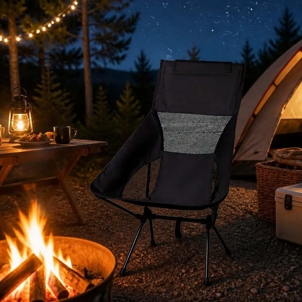 Folding Camping Chair Portable Steel Frame Black 57cm W x 55cm D x 88cm H