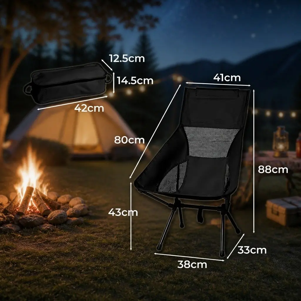 Folding Camping Chair Portable Steel Frame Black 57cm W x 55cm D x 88cm H