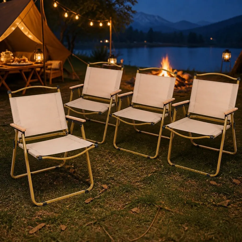 Folding Camping Chair Set 4 Piece Lightweight Portable Outdoor 600D Oxford Fabric Beige