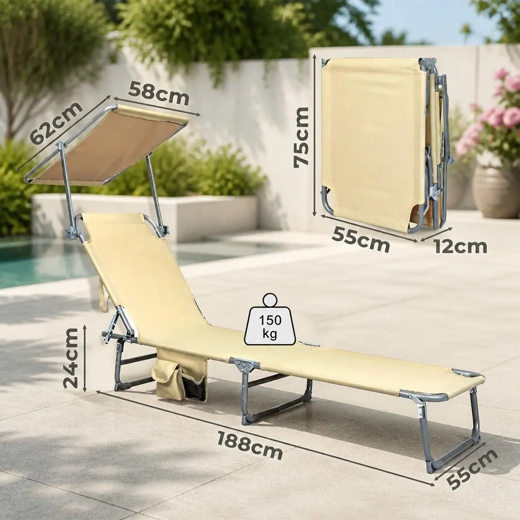 Foldable Lounge Chair 600D Oxford Fabric Adjustable Backrest Khaki