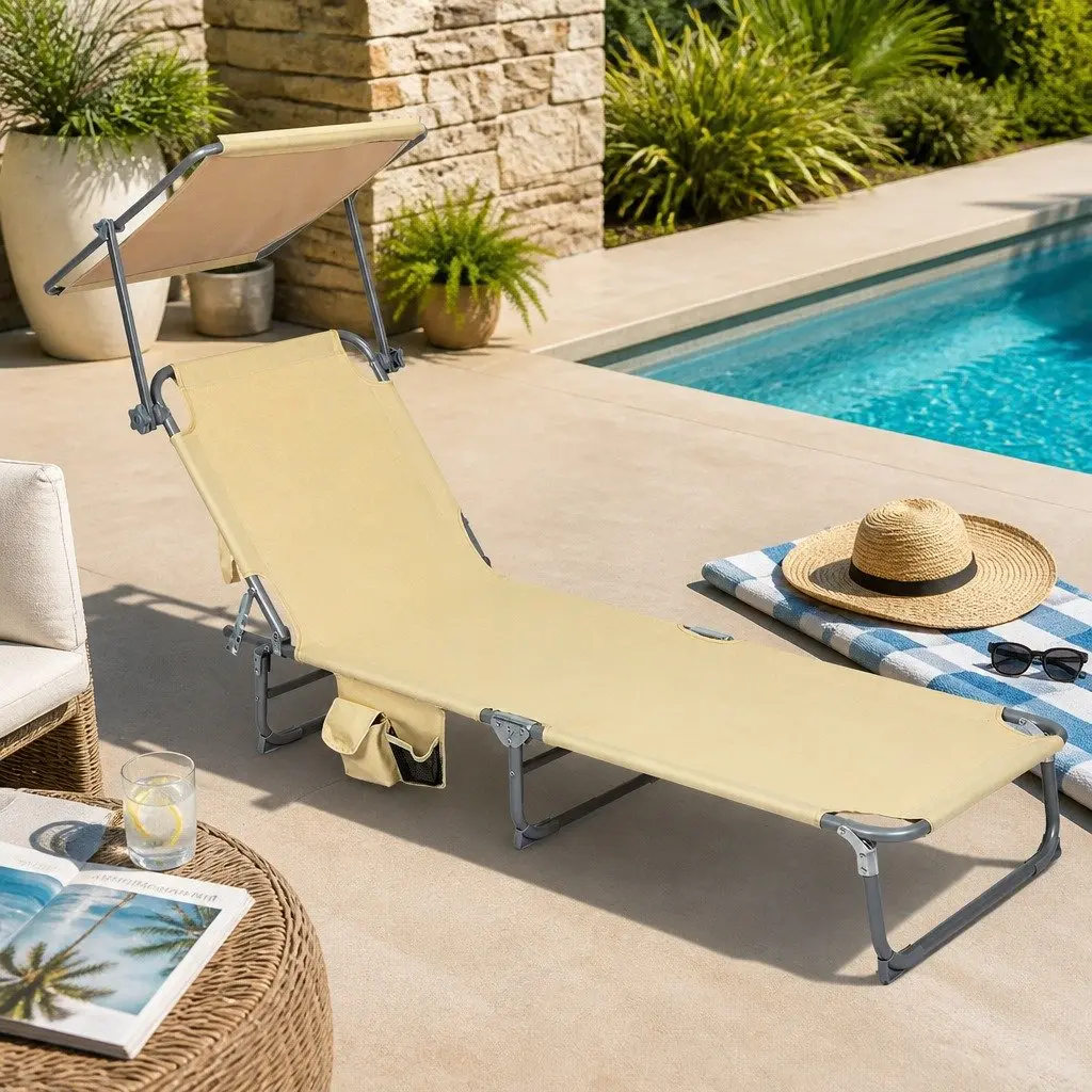 Foldable Lounge Chair 600D Oxford Fabric Adjustable Backrest Khaki